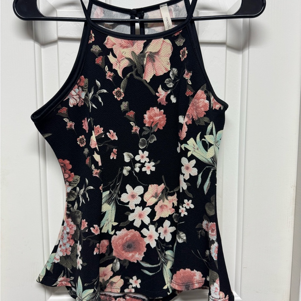 Chocolate Black and Pink Floral Fitted Tank Top